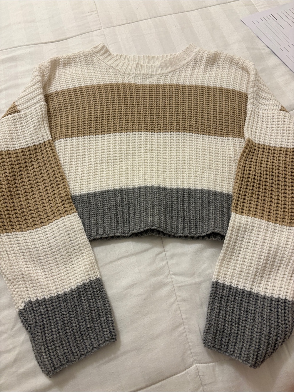 moon & madison Striped Cropped Knit Sweater - Cream, Tan & Gray